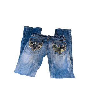 Miss Me Low Rise Y2K Bootcut Jeans Blue Camo Sequin Flap Pocket JP4286 Size 26